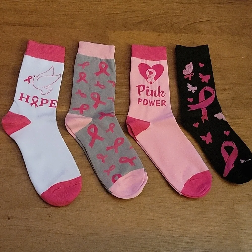 Toulite 4 pair Breast Cancer Awareness soft crew socks white pink black gray New